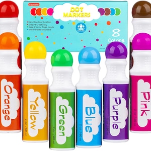 May include: Eight washable dot markers in a variety of colors, including orange, yellow, green, blue, purple, pink, brown, and a light pink color. Each marker is labeled with its color and has a 2 oz / 60 ml capacity. The packaging says "Dot Markers" and "8 Colors".