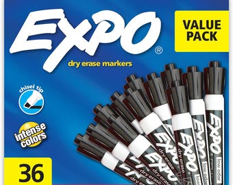 Marcadores de borrado en seco EXPO negros, punta biselada, sin olor (paquete de 36)