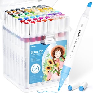 May include: A clear plastic case filled with 64 dual-tip Ohuhu color markers. The markers have white barrels and colorful caps. A single blue marker is shown, along with two marker tips. The case has a label with the text "DUAL TIP MARKER PENS" and an illustration.