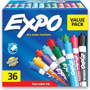 May include: A value pack of 36 Expo dry erase markers with chisel tips. The markers are in a variety of bright colors and feature low odor ink. The packaging is blue with the Expo logo and the words "Value Pack" and "Low Odor Ink".