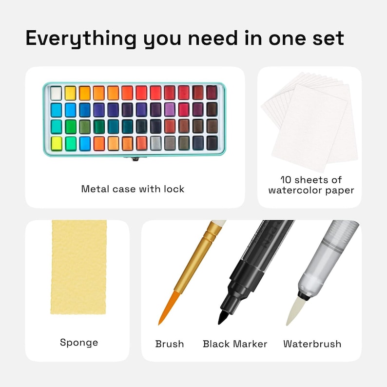 May include: A watercolor painting set with a metal case, 10 sheets of watercolor paper, a sponge, a brush, a black marker, and a water brush.