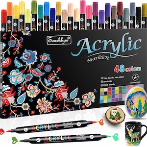 48 Colors Acrylic Paint Markers Pens Set, 24 Pack Acrylic Paint Pens Dual-Color Brush Tips, Creative Coloring Markers DIY Art Supplies