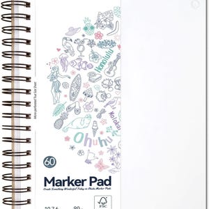 May include: A white spiral bound marker pad with a colorful illustration of Hawaiian themed imagery. The pad is 10.76 inches and has 60 sheets of 90lb paper. The text "Ohuhu Marker Pad" is printed on the cover.