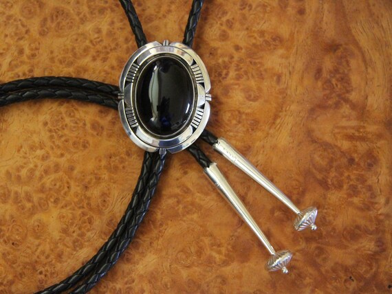 Navajo Silver Bolo Tie Obsidian