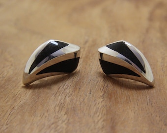 Taxco Silver Earrings Enrique Ledesma Obsidian Inlay