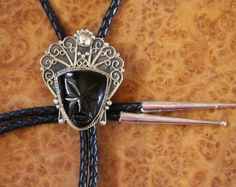 Mexican Silver Bolo Tie Warrior Face Obsidian