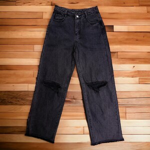 DAZY Women Japanese Brand Distressed Cropped Vintage Denim Streetwear Light Blue Ladies Regular Relaxed Wide Jeans Mid Rise Size M Waist W26