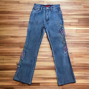 Jeans vintage pour femmes, broderie authentique, marque japonaise, JB Jeans, streetwear, bleu moyen, taille basse pour femmes, taille basse, taille normale W26