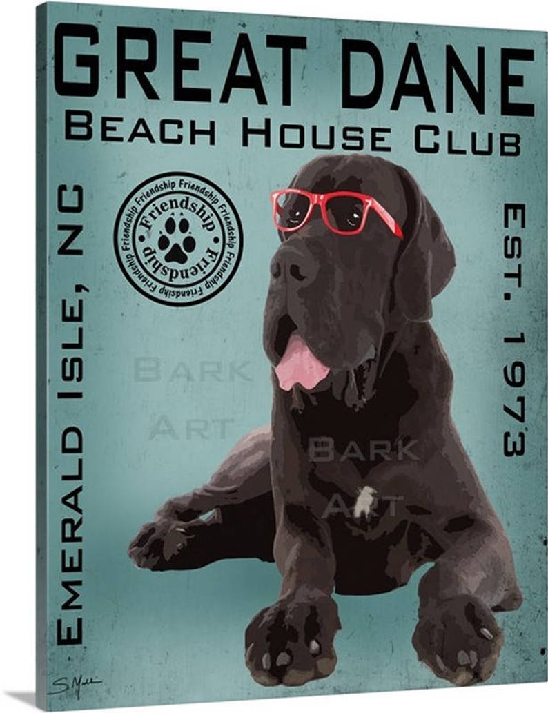 Black Great Dane Dog with Glasses Digital Art Beach House Club Print of Canvas image 3