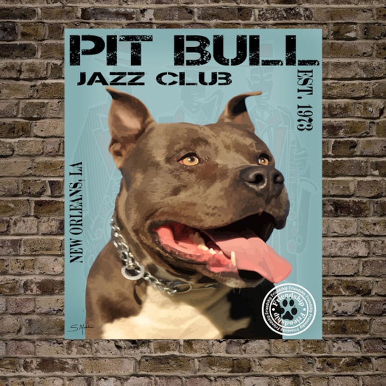 Pit bull Dog Digital Art Jazz Club Print or Canvas