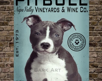 Grey and White Pit Bull Dog Digital Art Vineyards and Wine Co. Napa Valley Print or Canvas