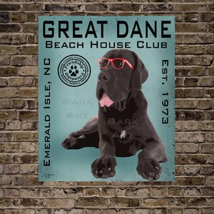 Black Great Dane Dog with Glasses Digital Art Beach House Club Print of Canvas image 2