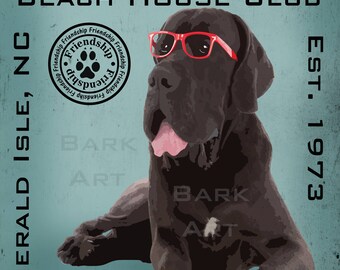 Black Great Dane Dog with Glasses Digital Art Beach House Club Print of Canvas