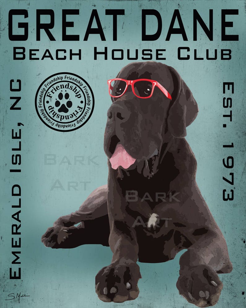 Black Great Dane Dog with Glasses Digital Art Beach House Club Print of Canvas image 1