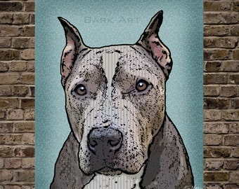 Grey and White Pit Bull Dog Digital Art Print or Canvas Pop Art Style