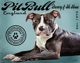 Pit Bull Dog Digital Art Brewery and Ale House Bar Art Print or Canvas