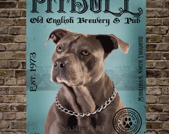 Grey Pit Bull Dog Digital Art Old English Brewery and Pub Art Print or Canvas