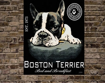 Boston Terrier Dog Resting Digital Art Bed and Breakfast Print or Canvas