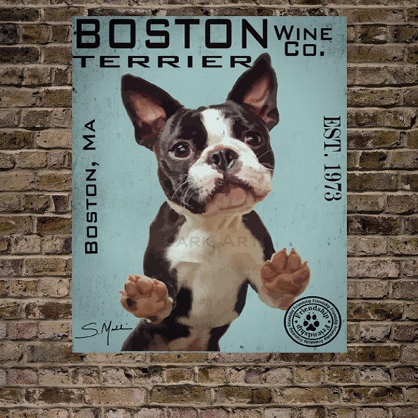 Boston Terrier Dog Digital Art Wine Co. Print or Canvas