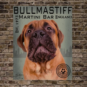 Bull Mastiff Dog Digital Art Martini Bar England Print or Canvas