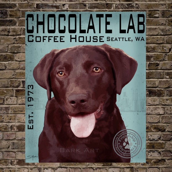 Chocolate Labrador Dog Digital Art Coffee House Seattle Art Print or Canvas