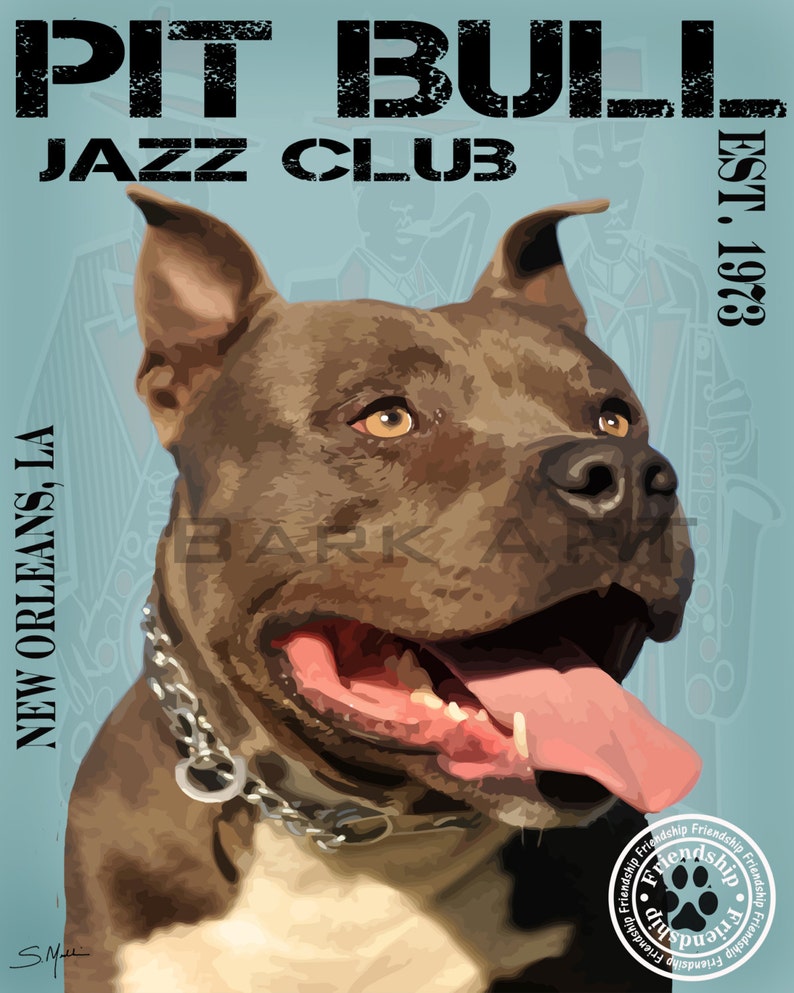 Pit bull Dog Digital Art Jazz Club Print or Canvas