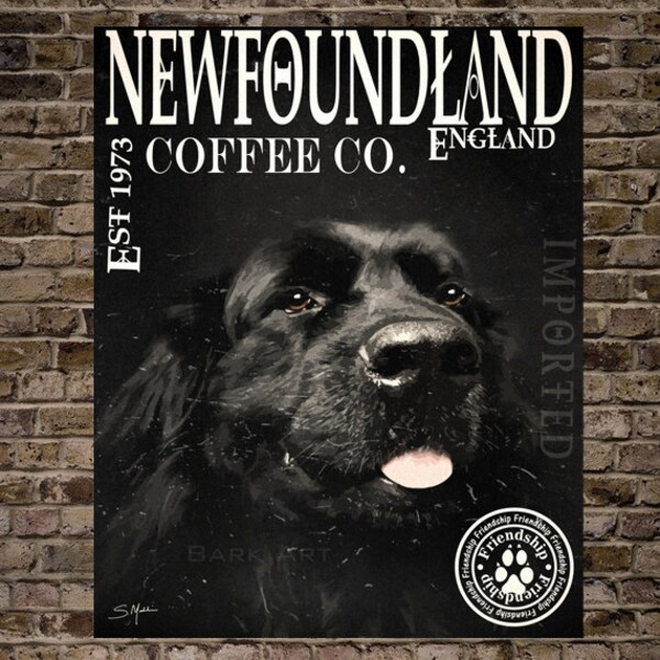 Black Newfoundland Dog Art Coffee Co. England Print or Canvas