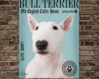 Bull Terrier Dog White Bull Terrier Dog Art Old English Coffee House Print or Canvas