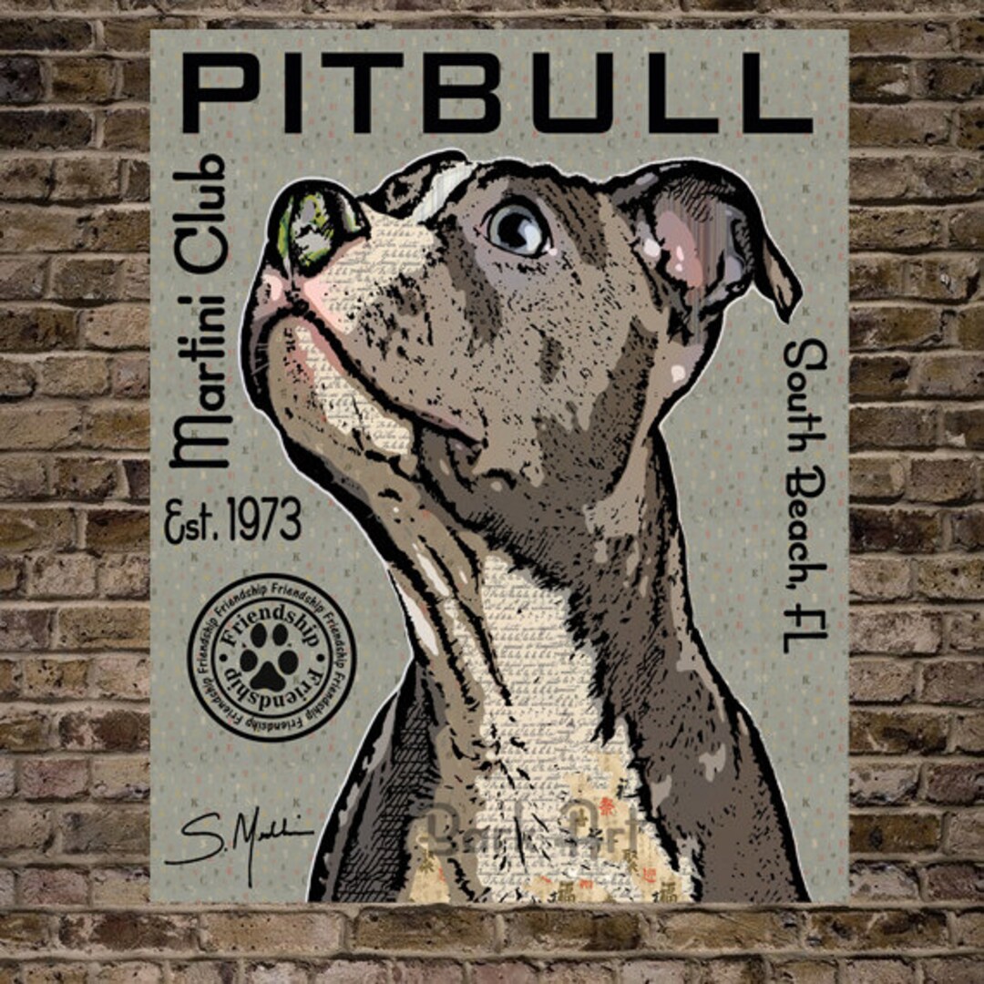 Grey and White Pit Bull Digital Dog Art Martini Club Print or - Etsy