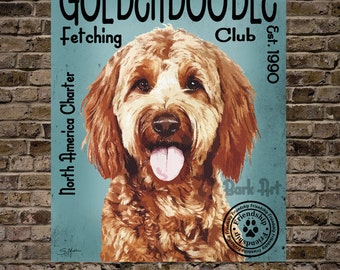 Golden Doodle Dog Art Fetching Club Print or Canvas