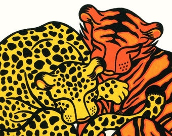 100% donation to wild cat conservation group Panthera - "Panthera Pair", limited edition, handmade silkscreen print (yellow, orange, black)