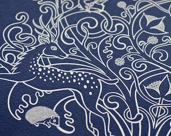 Forest Fauna - Limited edition, handmade silkscreen print (white on deep blue)