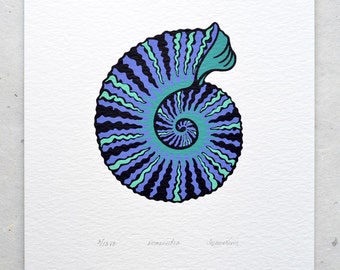 Ammonite / Ammonoidea 'specimen' - Limited edition three-colour screenprint with hand-coloured details