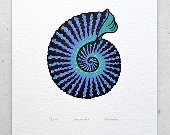 Ammonite / Ammonoidea 'specimen' - Limited edition three-colour screenprint with hand-coloured details