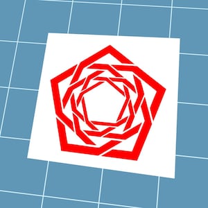 May include: A red geometric design on a white square. The design is a pentagon shape with an intricate, interwoven pattern inside. The background is a blue grid.