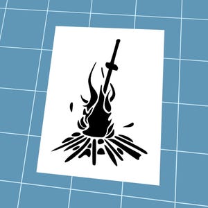 May include: Black and white graphic of a bonfire with a sword piercing the flames. The bonfire is made of wood and the flames are stylized. The sword is a simple design with a crossguard.