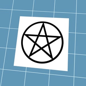 May include: A black pentagram symbol inside a black circle, centered on a white square. The design is set against a light blue grid background. The pentagram is a five-pointed star.