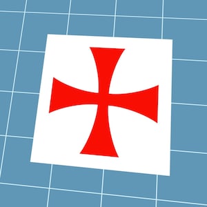May include: A red cross symbol on a white square, set against a blue grid background. The cross has four arms of equal length, each widening towards the end. The design is simple and bold, with a clean, graphic style.
