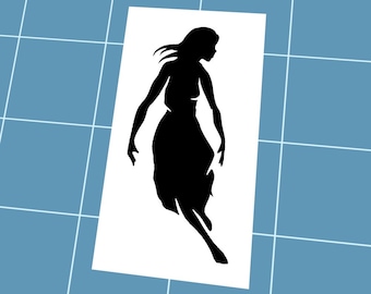 May include: A black silhouette of a woman in a flowing dress, with her hair blowing in the wind, is depicted on a white rectangular background. The image is set against a blue grid pattern.