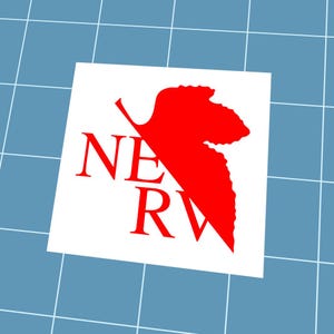 May include: White square sticker featuring the word "NERV" in red serif font, with a stylized red leaf design. The sticker is set against a light blue grid background.