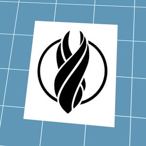 May include: A black and white graphic of a stylized symbol. The design features a central, abstract shape composed of two curved, intertwined elements within a circular frame. The symbol is set against a white background.