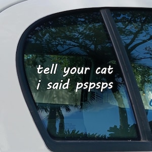 Puede incluir: Calcomanía blanca en la ventana de un coche con el texto "tell your cat i said pspsps". La ventana refleja árboles y cielo. El coche es blanco.