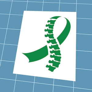 May include: A green awareness ribbon featuring a spine design on a white background. The ribbon is a symbol of support and awareness. The image is set against a blue grid.