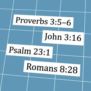 Op de afbeelding: Afbeelding met een lichtblauwe rasterachtergrond en vier witte rechthoekige blokken. Elk blok bevat zwarte tekst: Spreuken 3:5-6, Johannes 3:16, Psalm 23:1 en Romeinen 8:28. De afbeelding is een religieuze of inspirerende afbeelding.