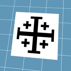 May include: A black Jerusalem cross design on a white square. The cross has a large central cross with four smaller crosses in each quadrant. The background is a light blue grid.