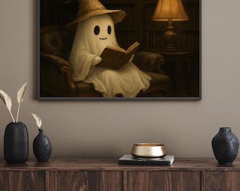 Ghost Reading Art Print | Cute Halloween Wall Decor | Cozy Library ...