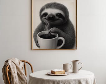 かわいいナマケモノのコーヒープリント | おもしろいナマケモノのウォールアート | キッチンやオフィスに使える白黒動物アート | デジタルダウンロードデコレーション