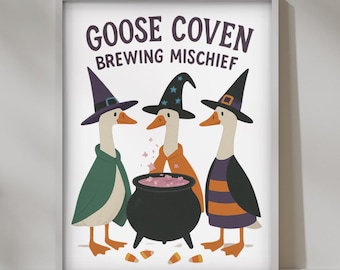 Funny Witch Goose Halloween Print – Spooky Goose Wall Art, Cute Fall Decor, Goose Coven Poster, Printable Halloween Digital Download