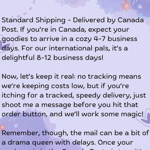 May include: A purple graphic with the words "Shipping Information" in large, bold letters. The text below details shipping times and options, with a small illustration of a blue mailbox in the upper right corner.