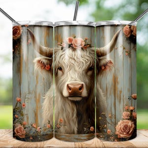 Highland Cow Floral Tumbler Wrap, 20 oz Tumbler PNG, Cute Cow Sublimation Design, Floral Cow Print, Farmhouse Tumbler Wrap, Cow Lover Gift